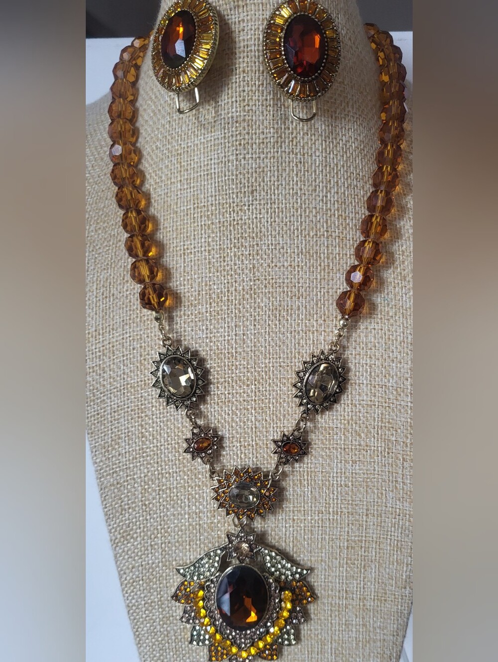 Amber Color Glass Beaded Statement Necklace with Silver-Tone Sunburst Accents